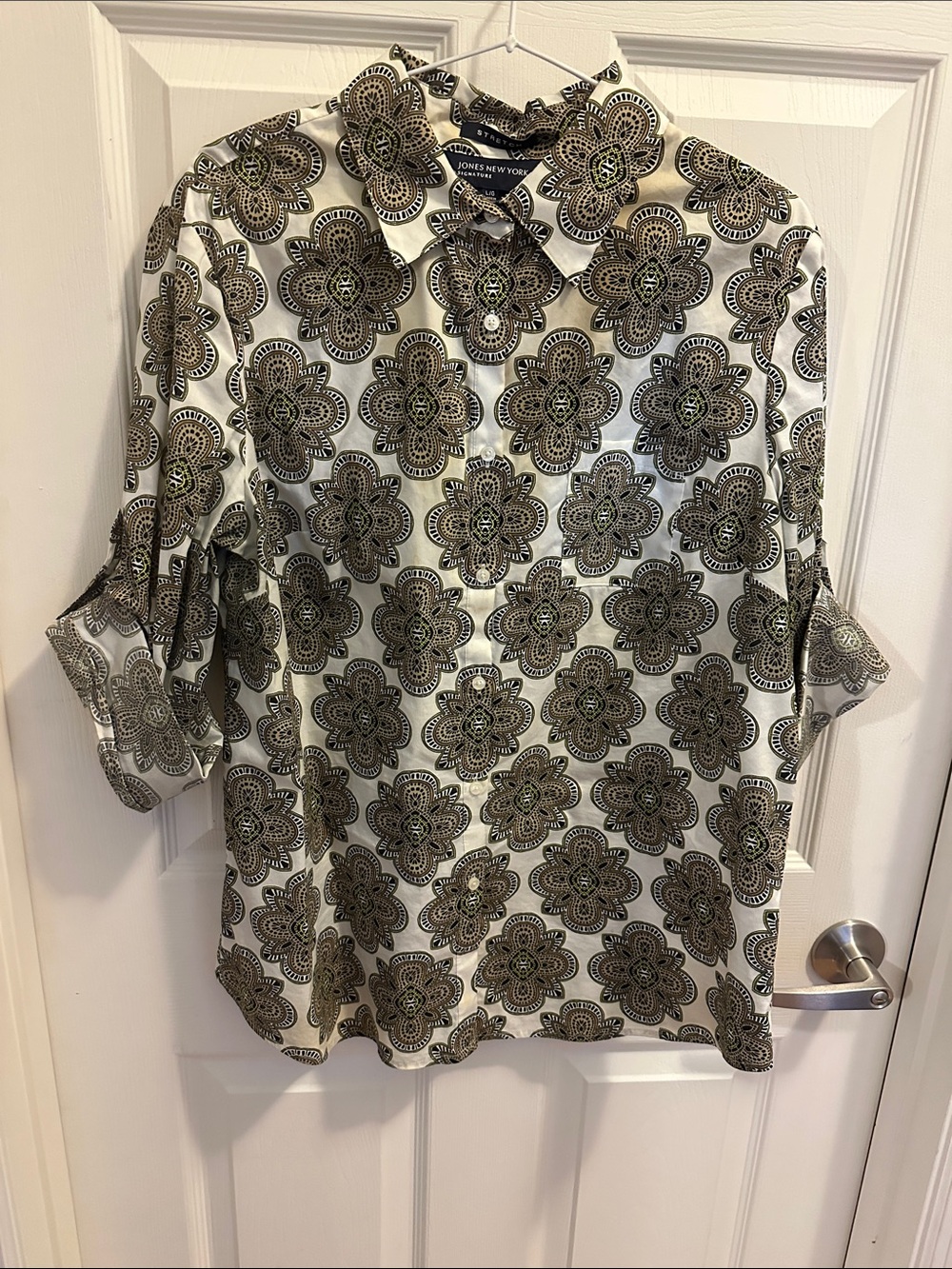Jones New York Cream Blouse with Black & Brown Floral Medallions